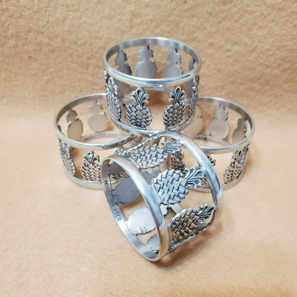 Patriot Pewter Napkin Rings, Set of 4 Pineapple Napkin Holders, Vintage Ginkgo